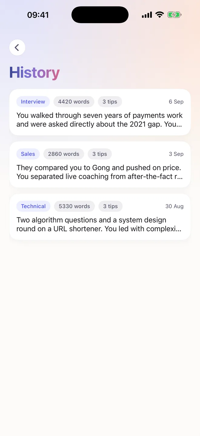 A history of past calls, each showing its mode, word count, number of tips and the first line of its recap.