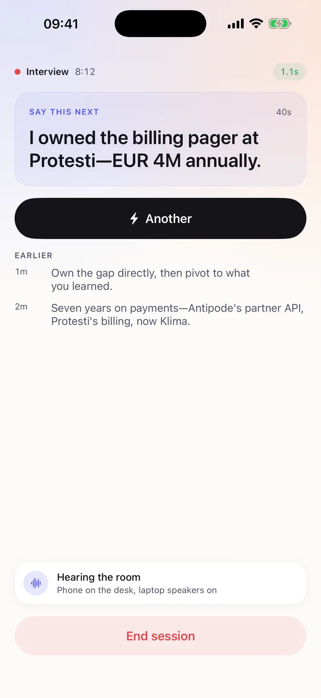A live interview session showing one suggested line to say next, a button to ask for another, and the two tips given earlier.